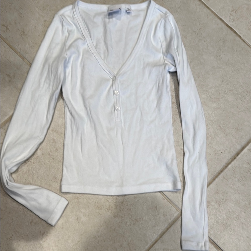 TNA White Long Sleeve V-Neck Henley Top